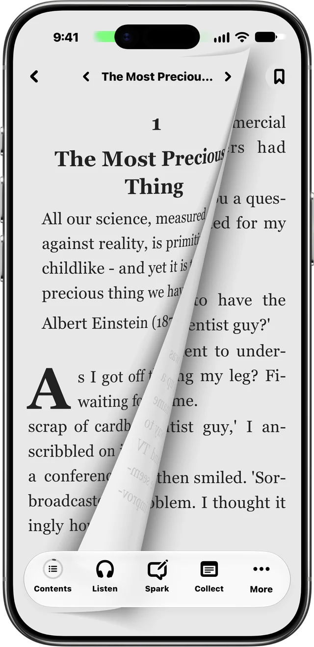 Casu turning a page, with Contents, Listen, Spark, Collect and More below