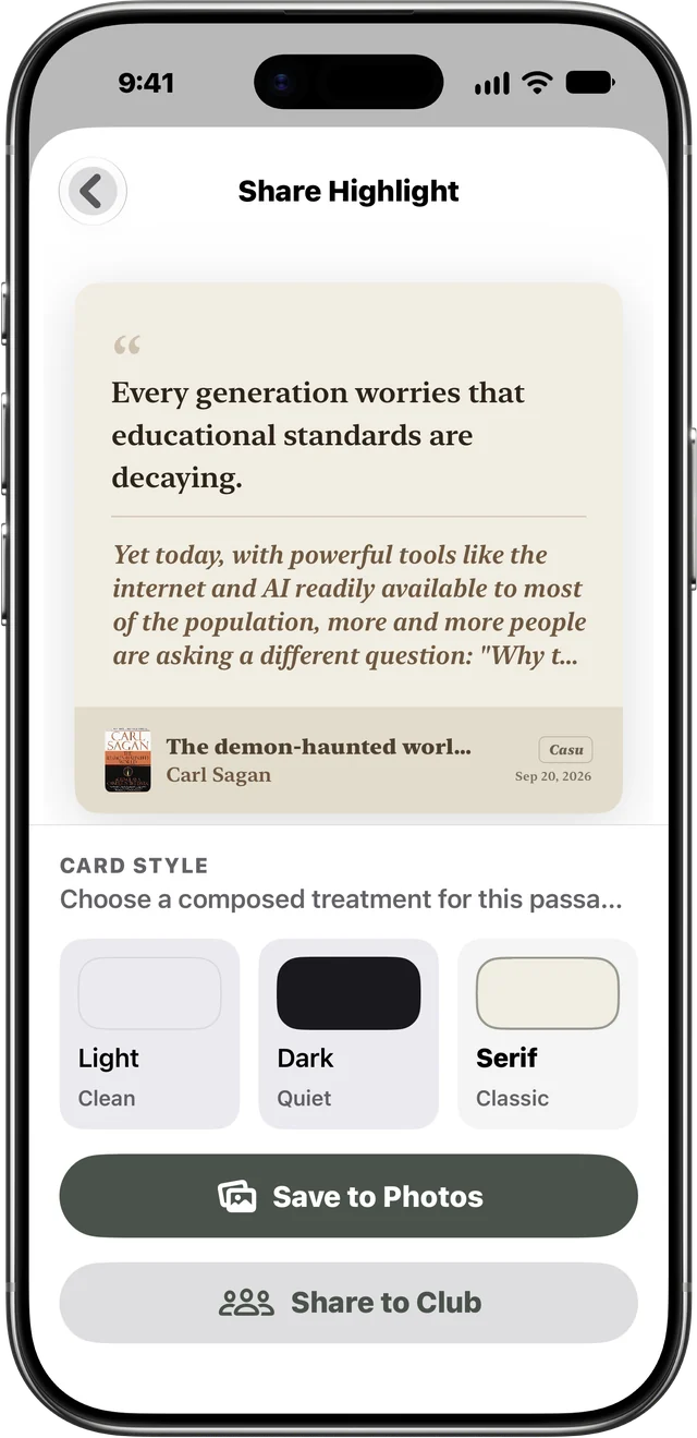 Casu's Share Highlight: a quote card with Light, Dark and Serif styles