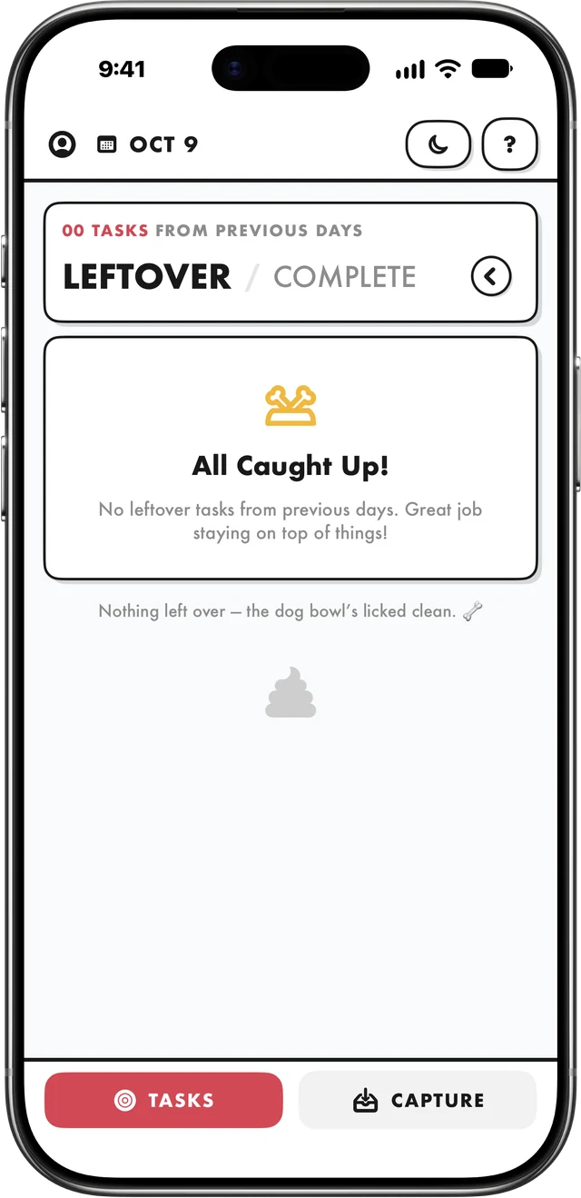 Elf's Leftover screen: All caught up, no leftover tasks from previous days