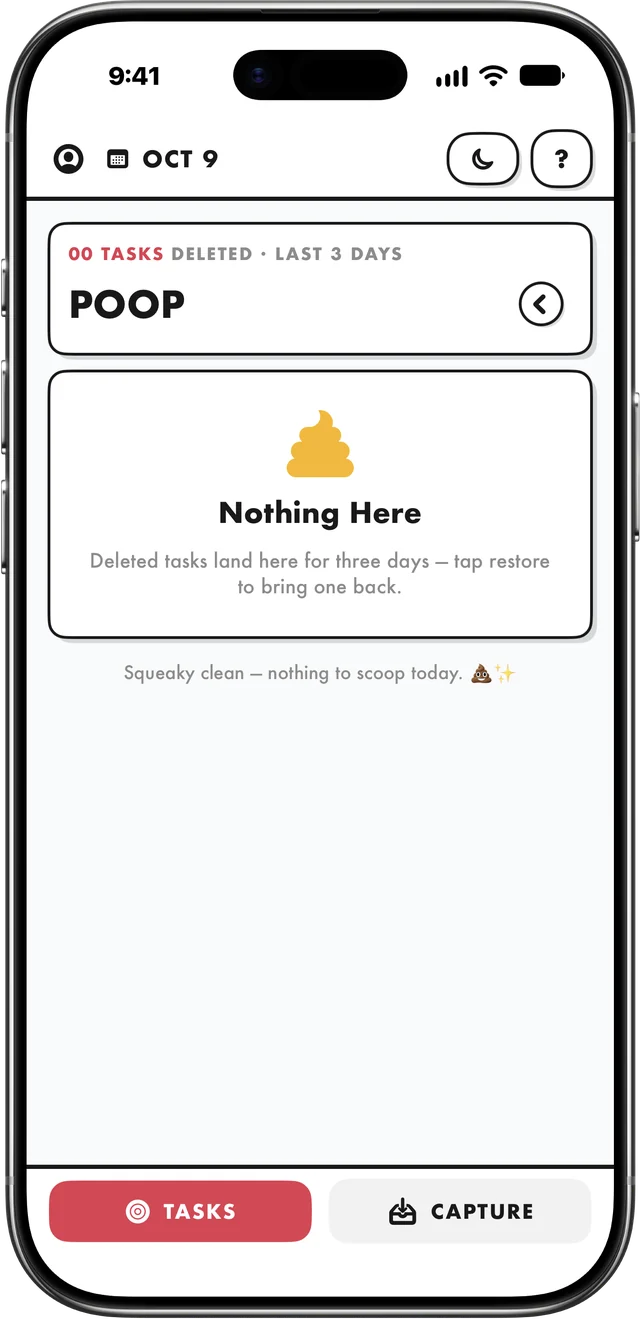 Elf's Poop screen: deleted tasks are kept for three days and can be restored